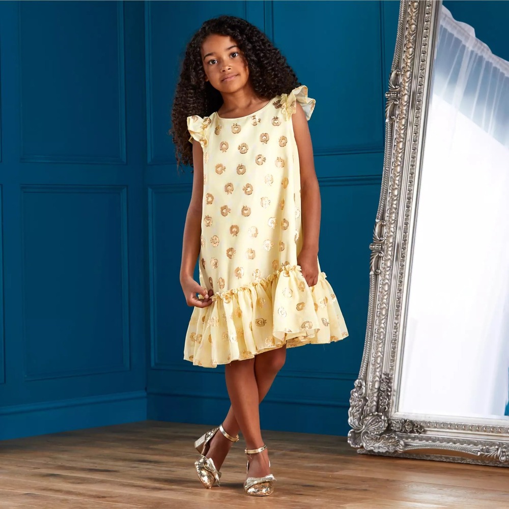 Disney Store Snow White Yellow Gold Metallic Apple Ruffle Drop Waist Dress 13
